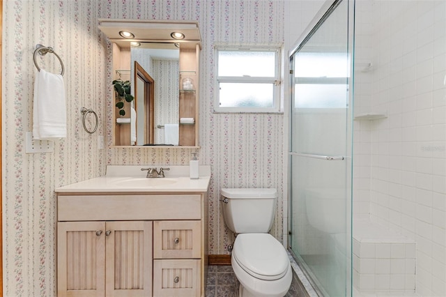 3226 Cherry Hill Cir S, Lakeland, FL 33810 - bathroom with wallpapered walls, a shower stall, and vanity