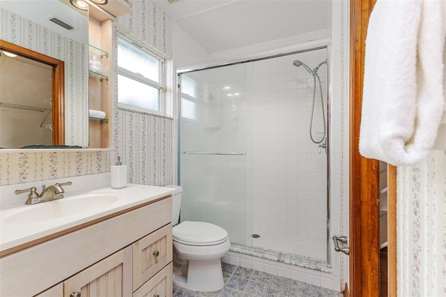 3226 Cherry Hill Cir S, Lakeland, FL 33810 - full bathroom with wallpapered walls, a shower stall, vanity, and a walk in closet