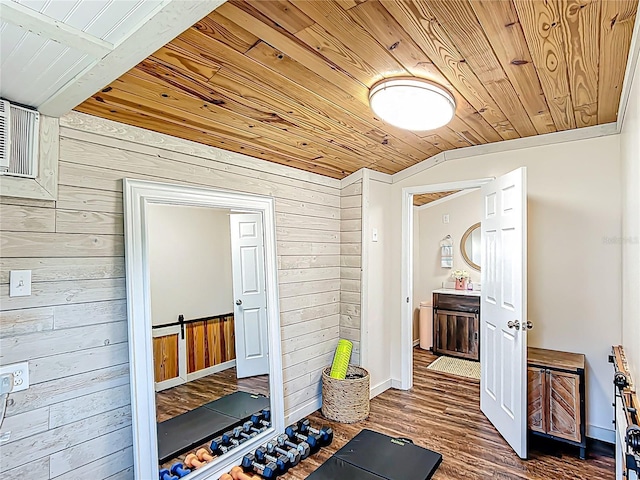 737 Kensington St, Lakeland, FL 33803 - interior space with baseboards, wood walls, wood finished floors, and wood ceiling