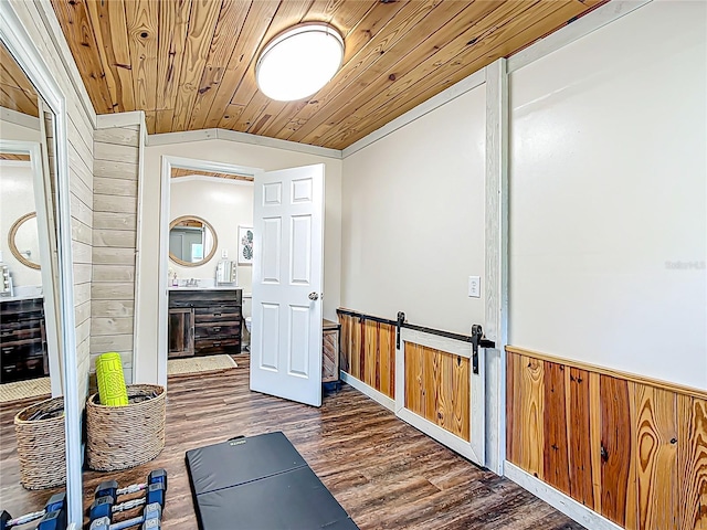 737 Kensington St, Lakeland, FL 33803 - workout room with lofted ceiling, wine cooler, wooden ceiling, wooden walls, and wood finished floors