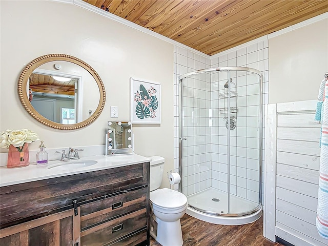 737 Kensington St, Lakeland, FL 33803 - full bathroom featuring crown molding, a stall shower, and wood finished floors