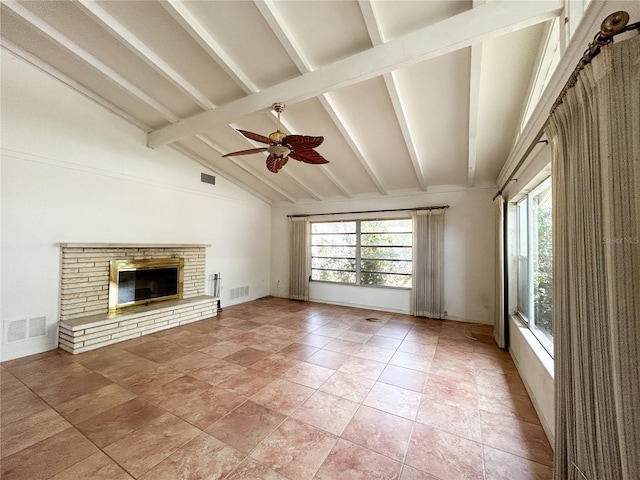 2415 Goldenrod St, Sarasota, FL 34239 - unfurnished living room with ceiling fan, beam ceiling, healthy amount of natural light, a fireplace, and high vaulted ceiling