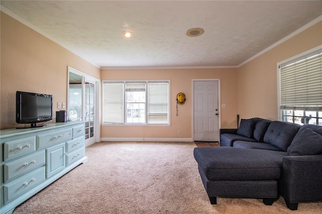 422 E Belmar St, Lakeland, FL 33803 - living area with crown molding, baseboards, plenty of natural light, and light carpet