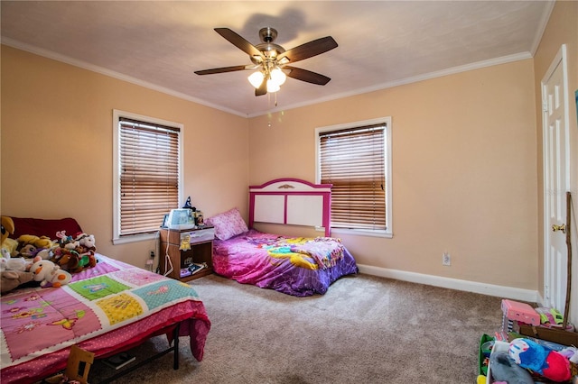422 E Belmar St, Lakeland, FL 33803 - bedroom with baseboards, ornamental molding, a ceiling fan, and carpet flooring