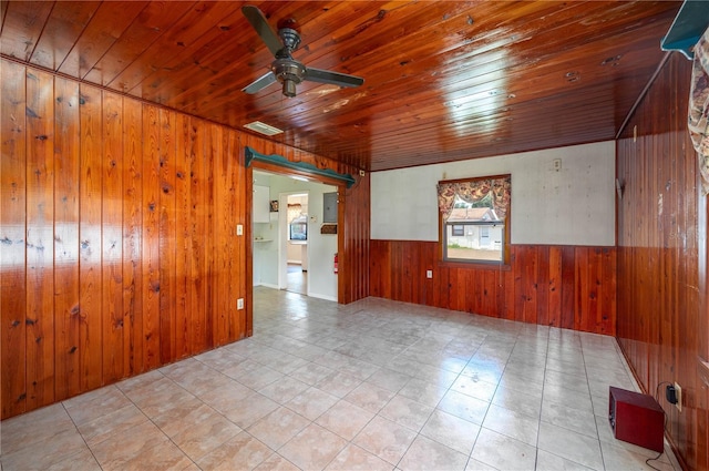 spare room with wainscoting, a ceiling fan, wood walls, and wooden ceiling