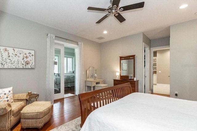 bedroom featuring wood-type flooring, recessed lighting, and a ceiling fan