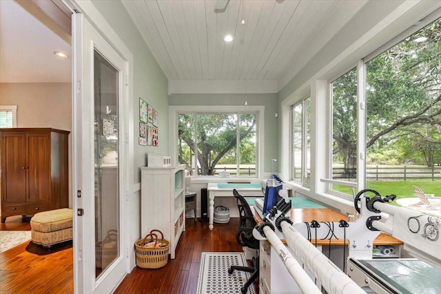 sunroom / solarium with recessed lighting, wood ceiling, and hardwood / wood-style flooring