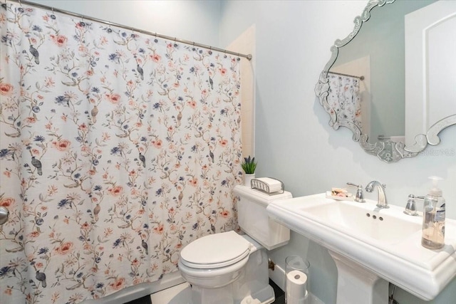 full bathroom with a sink, toilet, and curtained shower