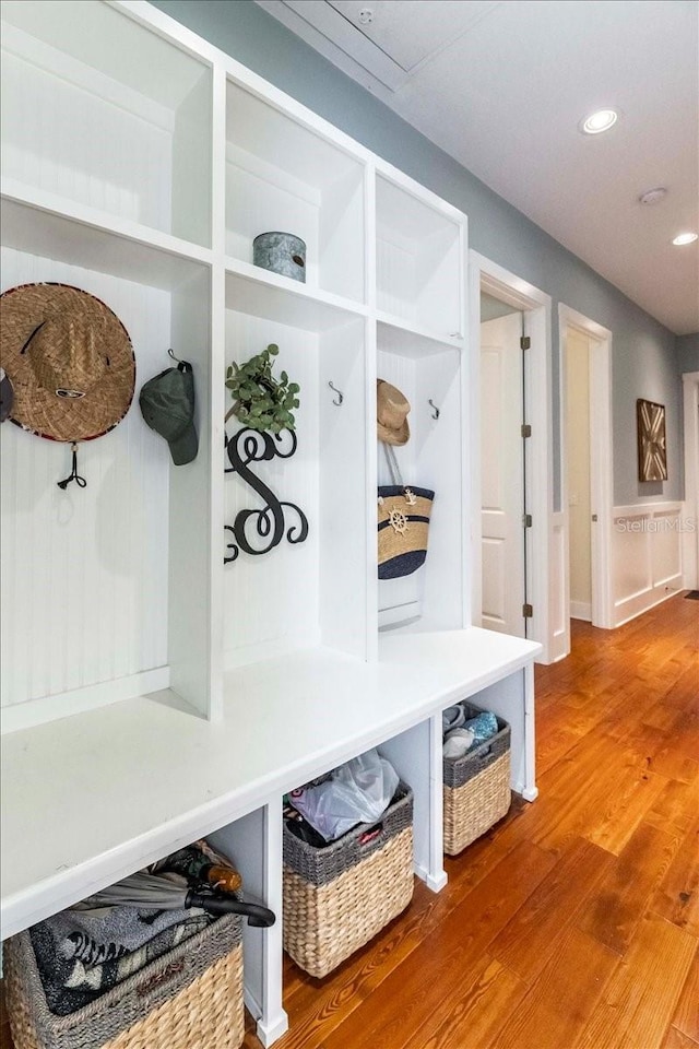 mudroom featuring recessed lighting and wood finished floors