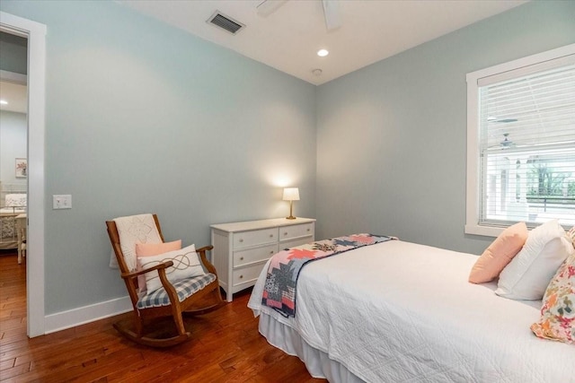 bedroom with visible vents, wood finished floors, baseboards, ceiling fan, and recessed lighting