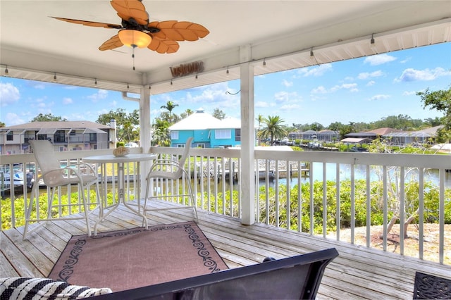 4116 4th Ave NE, Bradenton, FL 34208 - wooden terrace with a water view, a ceiling fan, and a residential view