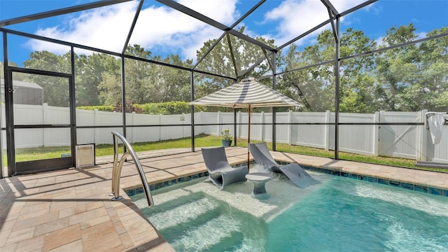 view of swimming pool featuring a fenced backyard, a fenced in pool, a gate, a patio area, and a lanai
