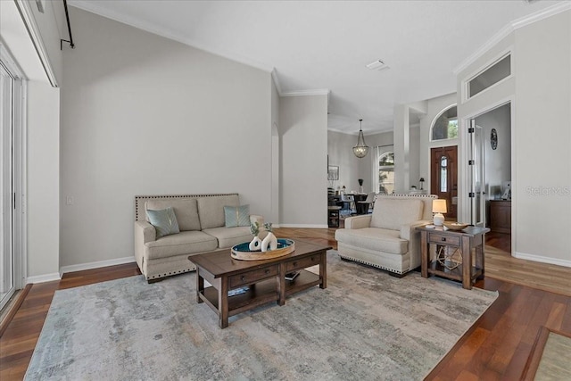 living area featuring baseboards, wood finished floors, and ornamental molding