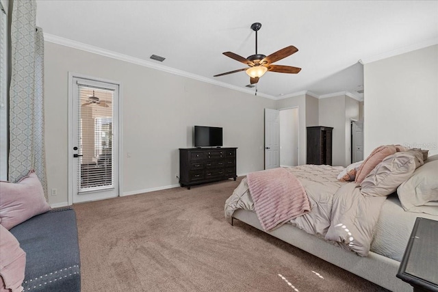 bedroom featuring baseboards, visible vents, carpet, and crown molding