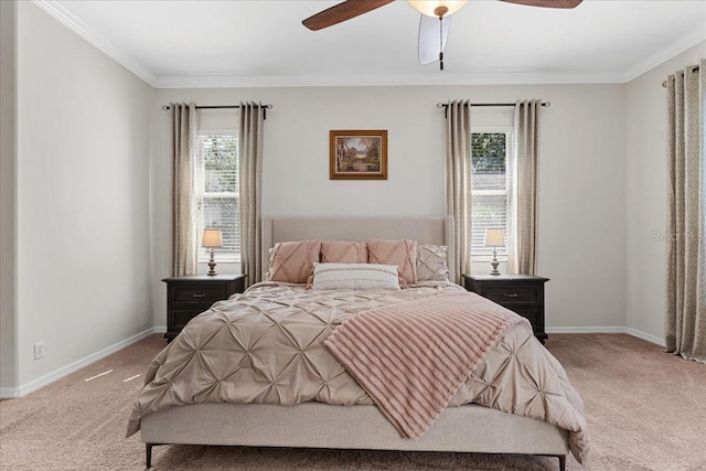 bedroom with baseboards, ornamental molding, and light carpet