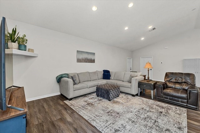 living area featuring recessed lighting, dark wood-style flooring, baseboards, visible vents, and lofted ceiling