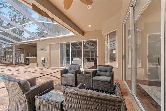 view of patio / terrace with an outdoor hangout area, a ceiling fan, an outdoor pool, and a lanai