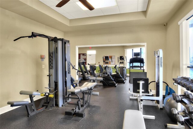525 Eagle Run, Lakeland, FL 33809 - gym featuring healthy amount of natural light, ceiling fan, a raised ceiling, and a drop ceiling