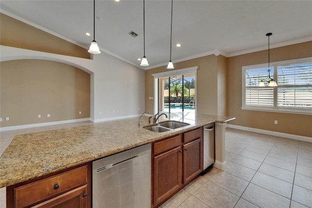 1295 Osprey Landing Dr, Lakeland, FL 33813 - kitchen featuring brown cabinets, stainless steel dishwasher, a sink, visible vents, and ornamental molding