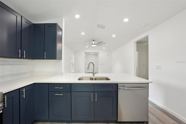 kitchen featuring stainless steel dishwasher, a peninsula, a sink, and light countertops