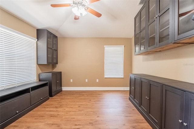 2933 Blackwater Oaks Dr, Mulberry, FL 33860 - interior space with a wealth of natural light, light wood-style floors, baseboards, a ceiling fan, and lofted ceiling