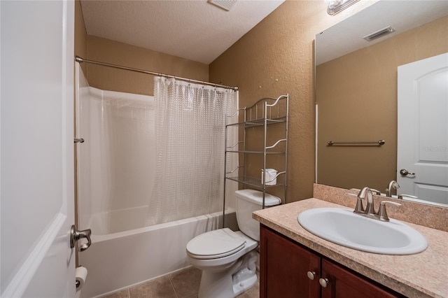 2933 Blackwater Oaks Dr, Mulberry, FL 33860 - bathroom with toilet, a textured wall, vanity, visible vents, and shower / tub combo with curtain