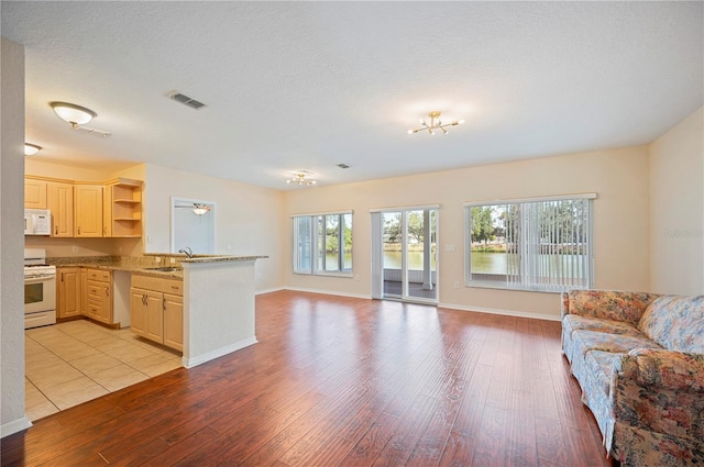 living area featuring baseboards, light wood finished floors, a textured ceiling, and visible vents