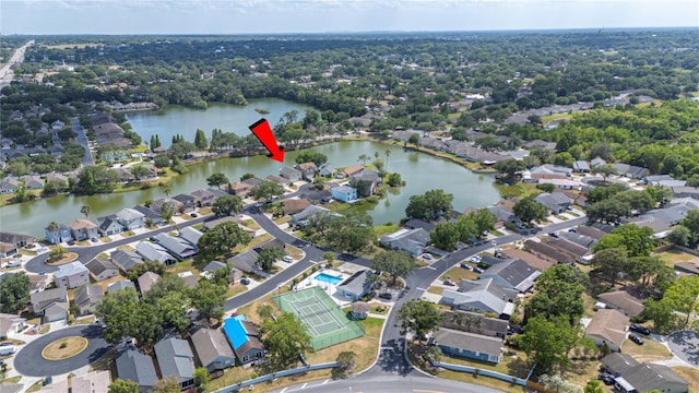 aerial view featuring a water view and a residential view