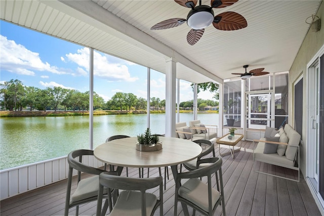 2015 Hatteras Pt, Lakeland, FL 33813 - sunroom / solarium featuring a water view and ceiling fan