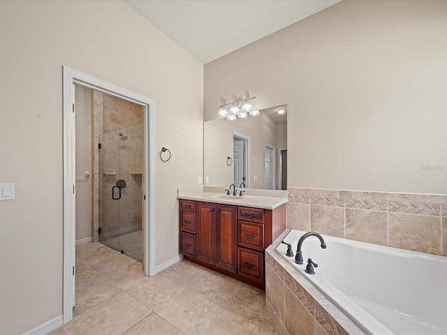 full bath with a shower stall, vanity, a bath, baseboards, and tile patterned flooring