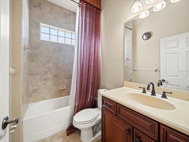 bathroom featuring tile patterned floors, shower / bath combination with curtain, toilet, and vanity