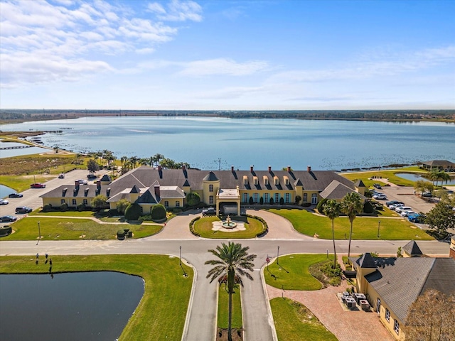 drone / aerial view featuring a water view