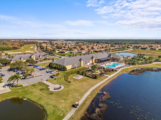 aerial view featuring a water view