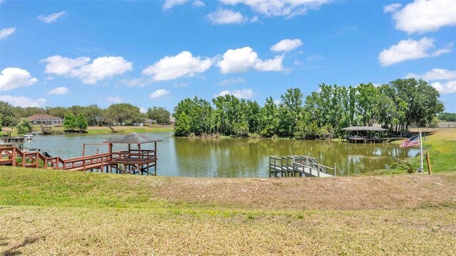 dock area featuring a water view and a yard