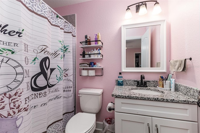 bathroom featuring vanity, a shower with shower curtain, and toilet