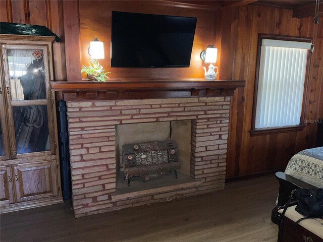 interior space with wood walls, wood finished floors, and a fireplace