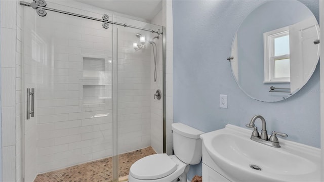 full bath featuring vanity, toilet, and a shower stall