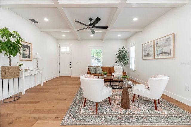 527 W Park St, Lakeland, FL 33803 - living room with coffered ceiling, light wood finished floors, baseboards, beam ceiling, and ceiling fan