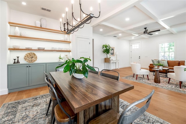 527 W Park St, Lakeland, FL 33803 - dining space with ceiling fan, light wood-style flooring, coffered ceiling, beam ceiling, and baseboards