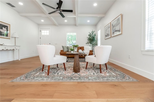 527 W Park St, Lakeland, FL 33803 - sitting room featuring wood finished floors, baseboards, beam ceiling, coffered ceiling, and a ceiling fan