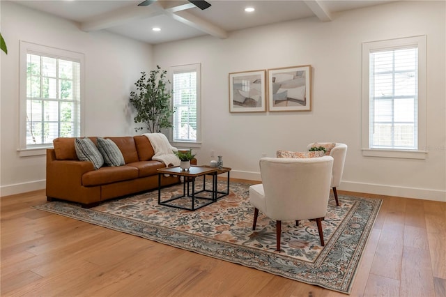 527 W Park St, Lakeland, FL 33803 - living room with hardwood / wood-style flooring, beam ceiling, baseboards, a ceiling fan, and coffered ceiling