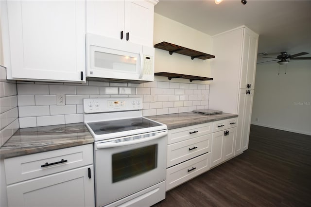 kitchen featuring open shelves, white appliances, ceiling fan, dark wood-type flooring, and white cabinetry