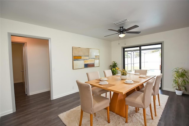 dining room featuring visible vents, a ceiling fan, dark wood finished floors, and baseboards