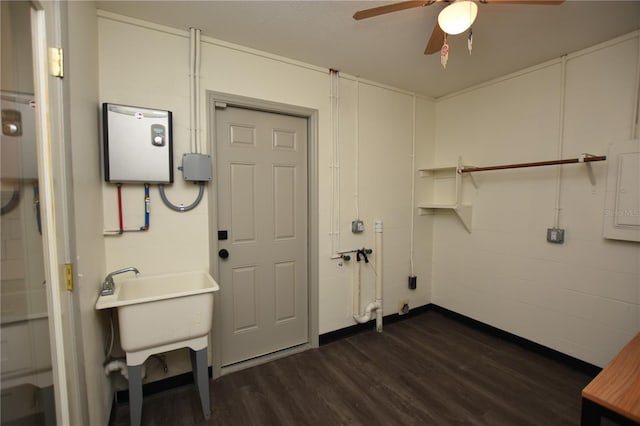 washroom featuring a ceiling fan and dark wood-style flooring