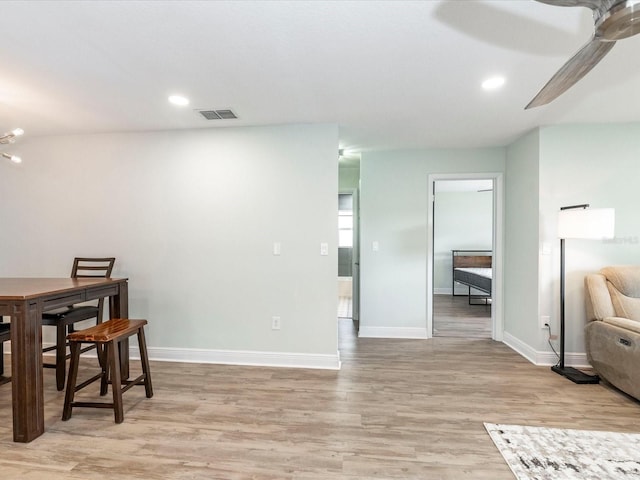 502 Duchess Dr, Lakeland, FL 33803 - dining room with visible vents, light wood-style floors, baseboards, ceiling fan, and recessed lighting