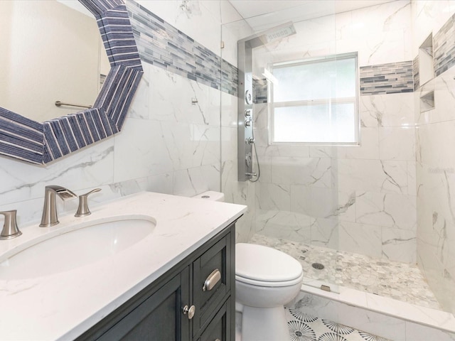 502 Duchess Dr, Lakeland, FL 33803 - full bath with vanity, a marble finish shower, toilet, and tile walls