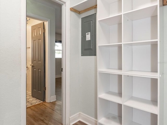 502 Duchess Dr, Lakeland, FL 33803 - hall featuring baseboards, wood finished floors, and electric panel