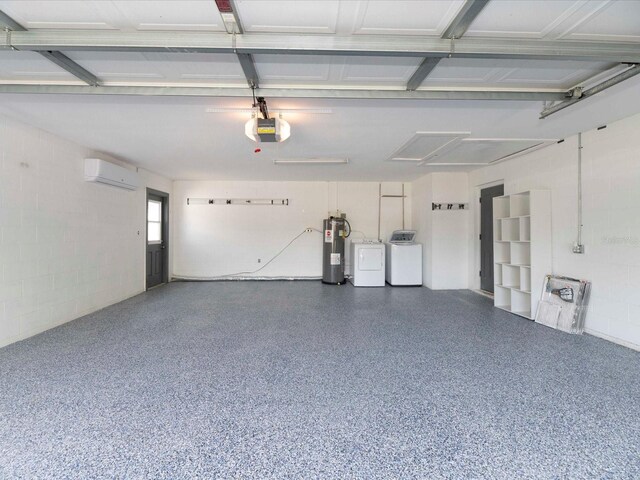 502 Duchess Dr, Lakeland, FL 33803 - garage featuring concrete block wall, a garage door opener, a wall unit AC, washing machine and dryer, and electric water heater
