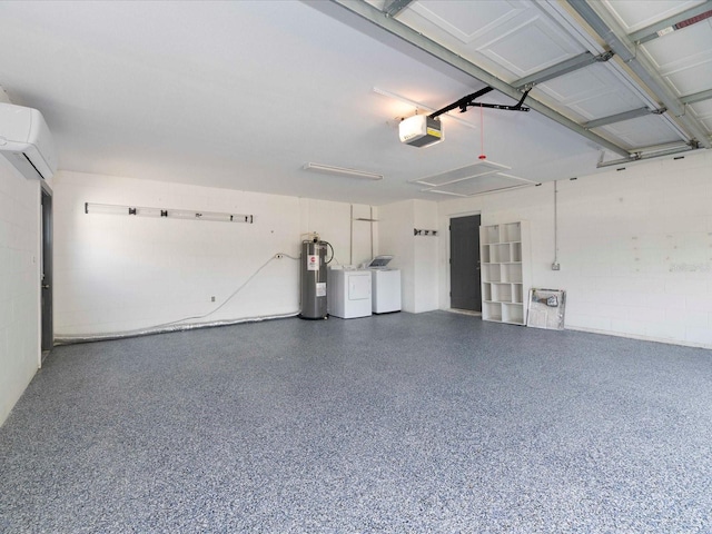502 Duchess Dr, Lakeland, FL 33803 - garage featuring concrete block wall, an AC wall unit, washer and dryer, a garage door opener, and electric water heater