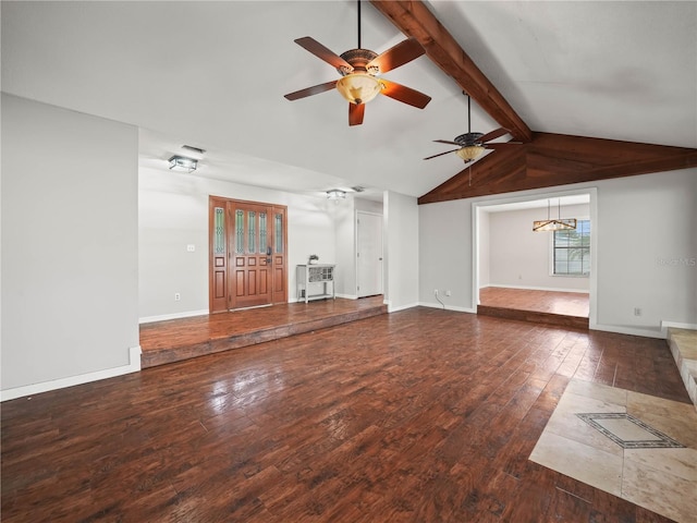 3002 Helms Dr, Auburndale, FL 33823 - unfurnished living room featuring baseboards, vaulted ceiling with beams, wood-type flooring, and ceiling fan with notable chandelier